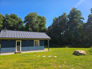 a small blue house in a field with a rock at Väänavilla Romantic Getaway in Vääna-Jõesuu