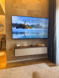 a living room with a television on a wall at Emma Luksuzni apartman Tuzla Musique in Tuzla