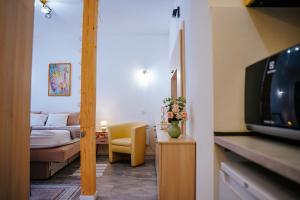 a living room with a bed and a television at Infinity Apartman in Esztergom