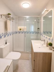 a bathroom with a shower and a toilet and a sink at Little Los Emilios in Torrevieja