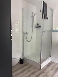 a shower with a glass door in a bathroom at Hotel Zur Krone in Nordwalde +14 photos