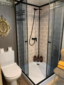 a bathroom with a shower with a toilet and a shower at Couple Baltic Coast Retreat in Apšuciems