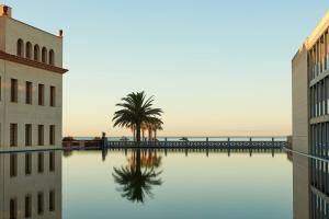a reflection of a palm tree in the water between two buildings at Le Meridien Ra Beach Hotel and Spa in El Vendrell +236 photos