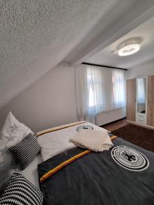 a bedroom with a large bed in a attic at Nicholas Apartment-Thuringer Wald in Tambach-Dietharz +1 photo