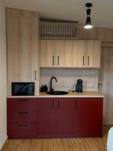 a kitchen with red cabinets and a sink and a microwave at KUBIQ 2 Transalpina in Sebeş