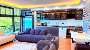 a living room with a couch and a kitchen at cam teraslı köyevi in Cayeli +5 photos