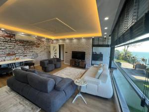 a living room with two couches and a television at cam teraslı köyevi in Cayeli