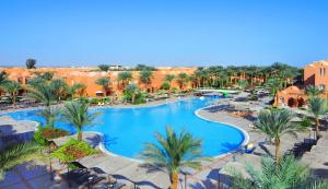 een uitzicht over het zwembad van het resort met palmbomen bij Jaz Makadi Oasis Resort in Hurghada