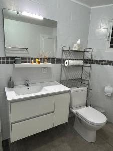 a bathroom with a sink and a toilet and a mirror at Soleya Apartment in Quartier de Lorient +18 photos