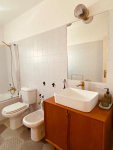 a bathroom with a sink and a toilet and a mirror at Senhora da Rocha Sea View, Pool, Terrace in Porches +18 photos