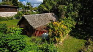 a small house with a straw roof in a garden at Lodge Eden, SPA Privatif in Les Abymes