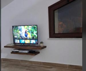 a flat screen tv sitting on a wall at Il piccolo artista b&b in Naso +1 photo