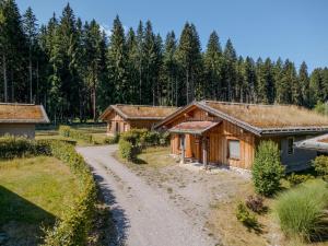a house with a grass roof on a dirt road at Oselitzen 56 in Lake Pressegg
