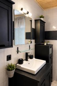 a bathroom with a white sink and a mirror at Lägenhet med trädgård på Österlen, nära hav & golf in Gärsnäs +11 photos