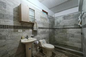 a bathroom with a toilet and a sink and a shower at ISA BELLA Hospedaje y Cabaña Entre Aves in Luna Park +56 photos