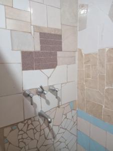 a bathroom with a shower with tiles on the wall at casa domo in Maimará