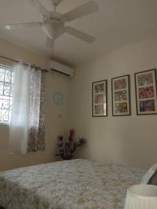a bedroom with a bed and a ceiling fan at Haven Garden Retreat in Kingston