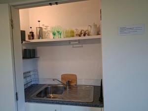 a kitchen with a sink and a shelf with glasses at Digs Homestay in Stratford +5 photos