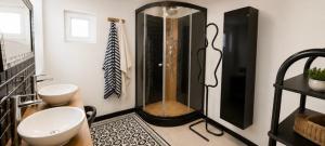 a bathroom with a shower with a toilet and a sink at Cité château de Carcassonne in Berriac +1 photo