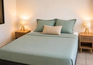 a bedroom with a bed with blue sheets and two lamps at Le Palmier Bleu, Spacious Duplex with Pool in Schœlcher +16 photos