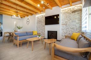 a living room with a couch and a fireplace at The 2D Stay in Theológos