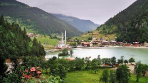 a small town on a lake in a valley at Talipoğlu Apart in Uzungol