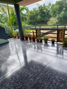 a rain soaked patio with potted plants on a balcony at Alpha Homestay in Kāsarkod