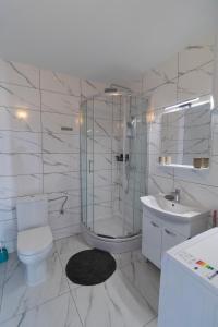 a bathroom with a shower and a toilet and a sink at Starfish Apartments in Sutivan +46 photos