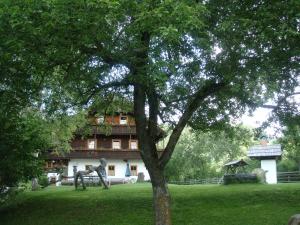 a statue in a field with a house in the background at Ferienwohnung Lahnerhof in Arriach