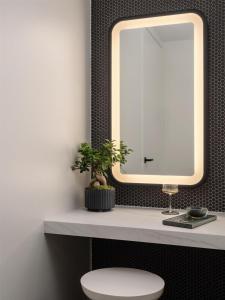 a bathroom with a sink and a mirror and a toilet at Thompson Houston, by Hyatt in Houston