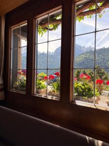 a window with a view of flowers and mountains at Locanda dal Giulio al Fratè B&B in Madonna di Campiglio