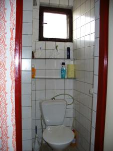 łazienka z białą toaletą i oknem w obiekcie Chalupa na lazoch w mieście Nová Baňa