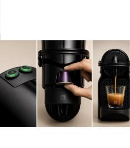 a coffee maker with a hand holding a glass at Stylish City Center Apartment - with FREE PARKING space -not for big cars- 200m away in Serres