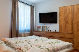 a bedroom with a bed and a flat screen tv at Green House in Banka