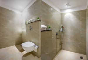a bathroom with a toilet and a shower at Hotel Ivory Delhi Airport in New Delhi