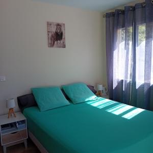 a bedroom with a green bed with a window at Chez Nathalie in Le Luc