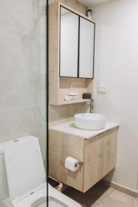 a bathroom with a toilet and a sink and a mirror at 202 - Ocean Views Oceanfront Large Balcony in Suva +27 photos