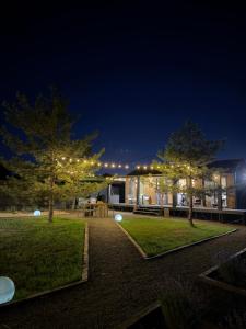 ein Haus bei Nacht mit Bäumen davor in der Unterkunft Barn 25 in Chornomors'ke