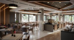 a restaurant with tables and chairs and a kitchen at Panorama Mountain Tara in Kaludjerske Bare