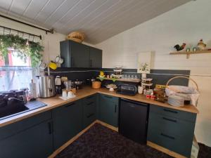a kitchen with blue cabinets and a counter top at Neu!!! Pension Scherz-ruhig am Standrand mit Wasserzugang & Paddelboot in Lübbenau