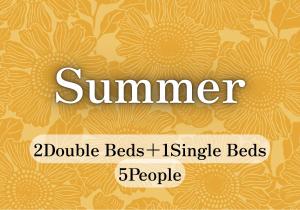 a sign that reads summer with two double beds single beds at MOMIJI TERRACE Hiroshima in Hiroshima
