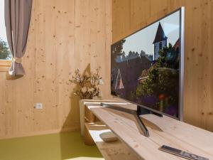 a large flat screen tv sitting on top of a wooden wall at Saunaloft Schwarzwald in Gemeinde Aichhalden