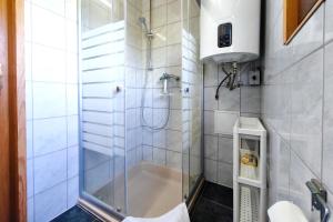 a bathroom with a shower and a bath tub at Ferienbungalow Seeluft in Loddin +17 photos