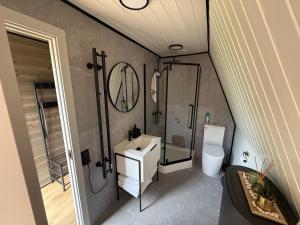 a bathroom with a shower and a sink and a toilet at Frame Village in Žaugėdai +46 photos