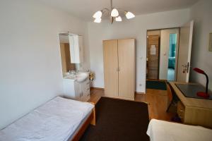 a bedroom with a bed and a desk and a sink at Haus die Gerti - Ilz in Waldkirchen