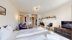a bedroom with a bed and a television and a desk at Bright studio in Saillon, a few steps from Les Bains in Saillon