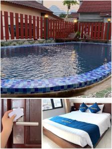 a hotel room with a swimming pool and a bed at BON Premier Boutique Hotel in Vang Vieng