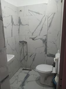a white bathroom with a toilet and a shower at SeaSideGolem Apartments in Golem +13 photos