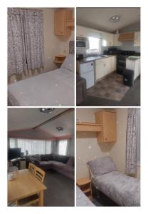 four different views of a kitchen and a living room at Family friendly caravan park in Little Clacton