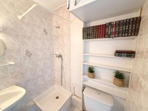 a bathroom with a toilet and a shower and a sink at Studio plein centre et parking in Châtel-Guyon